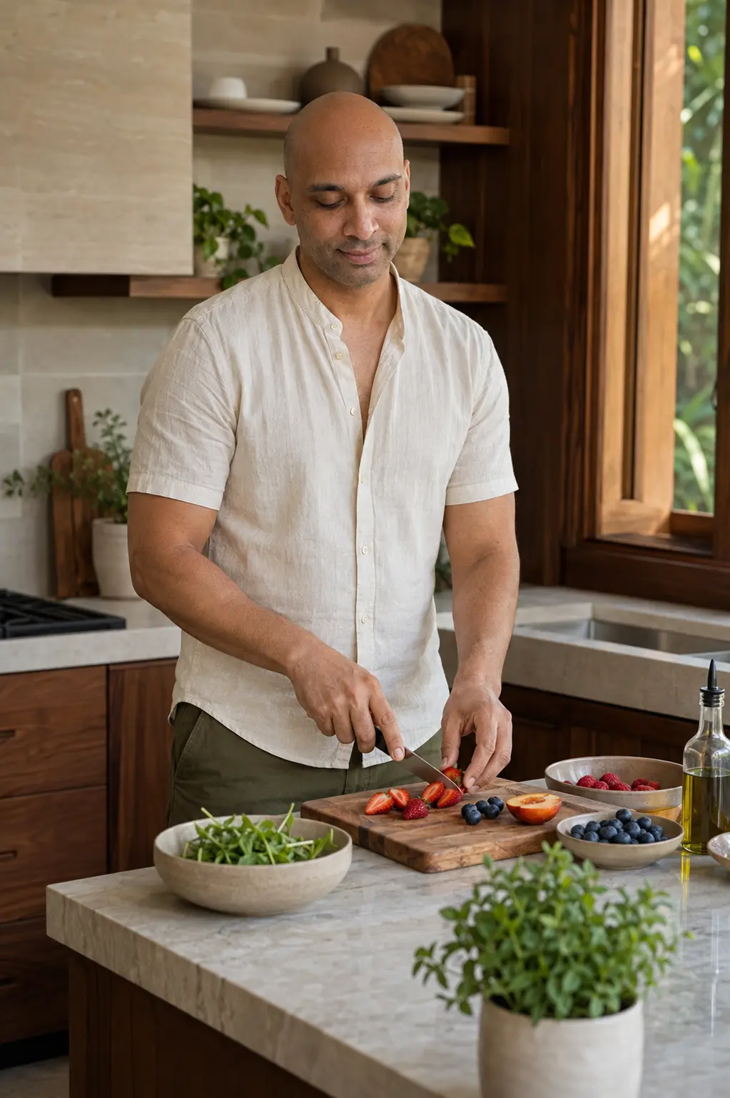 A mindful cook preparing herbs and spices in a warm kitchen