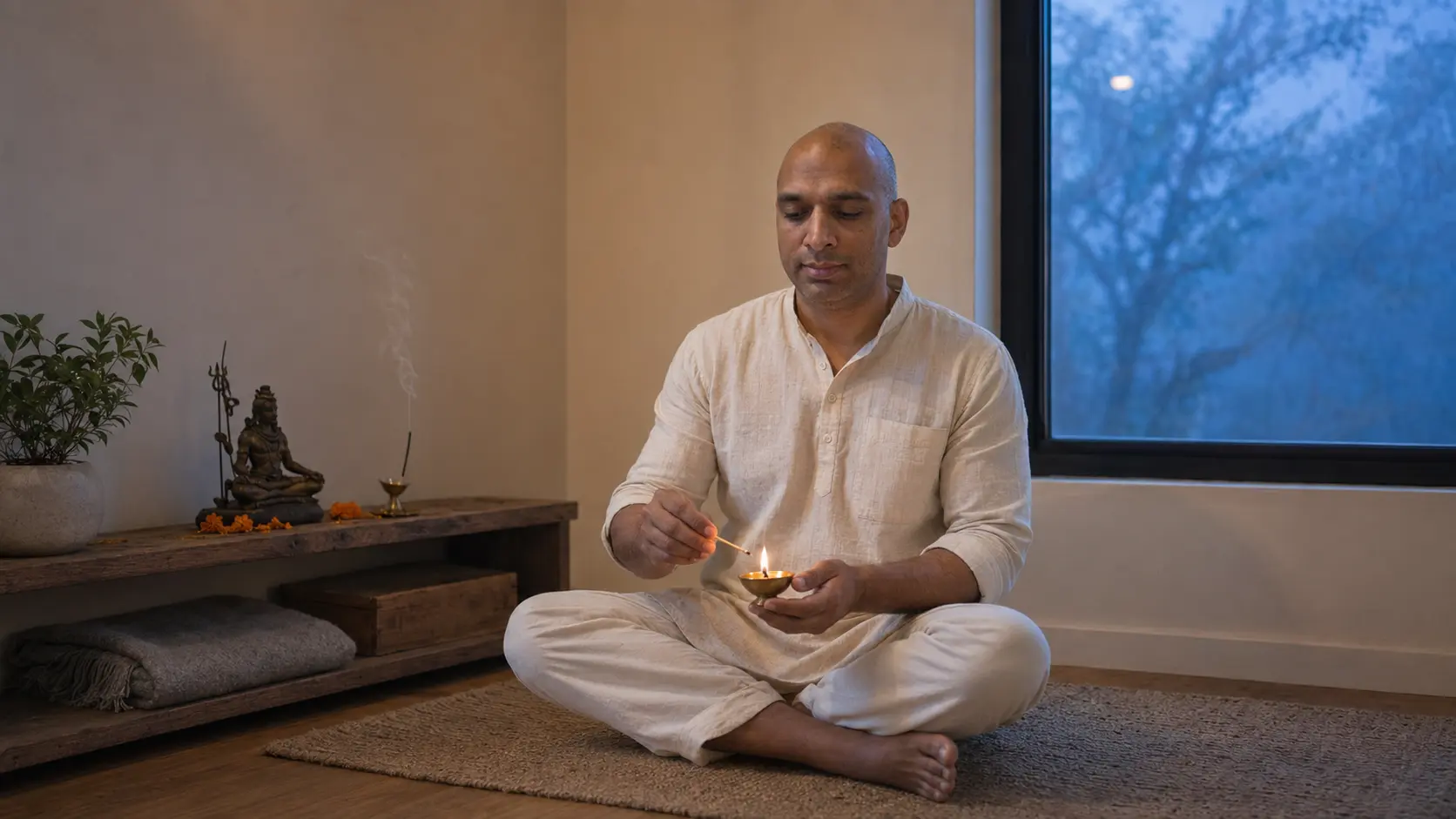 DhyaanGuru offering an evening lamp in remembrance of the ancestors
