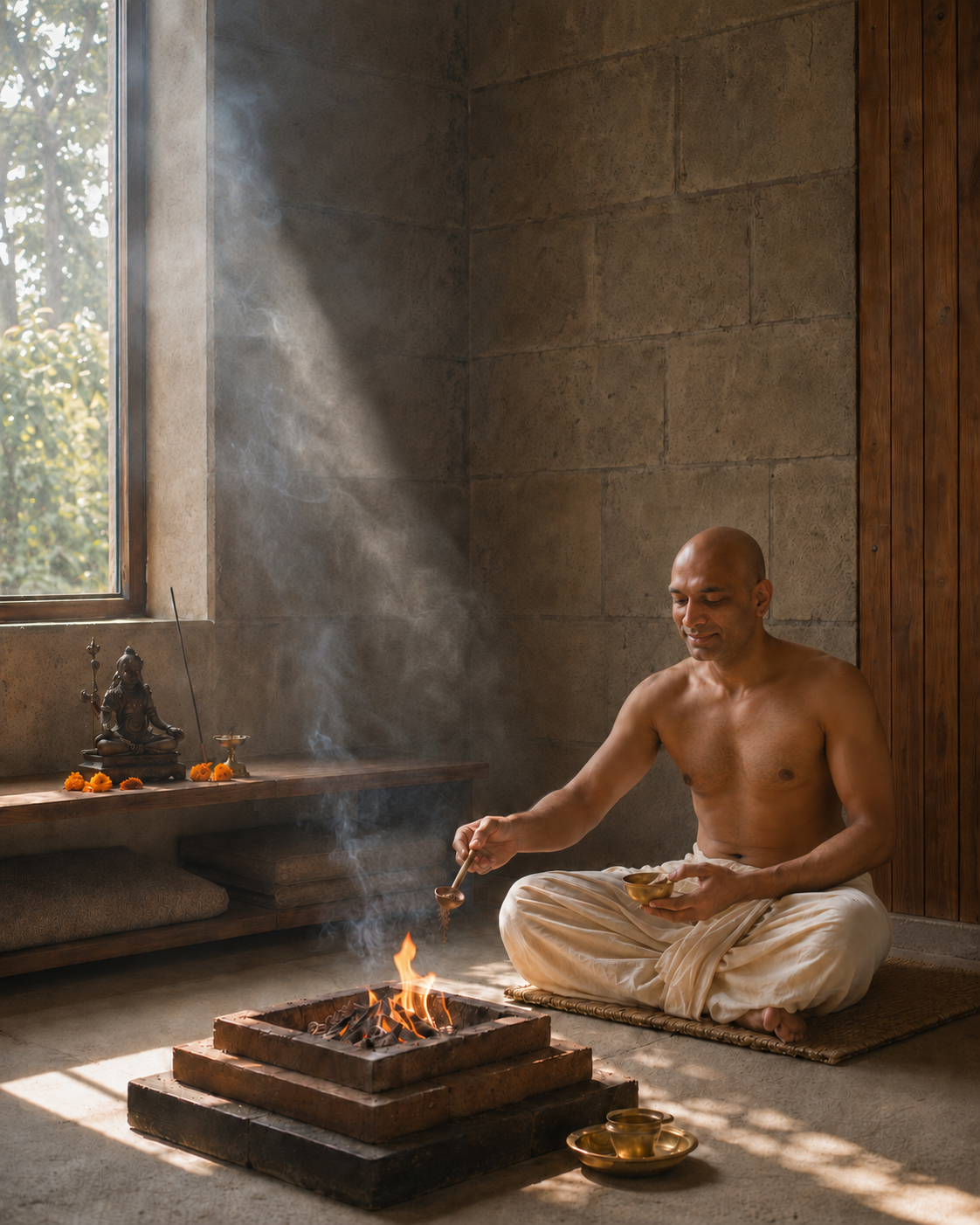 DhyaanGuru performing sacred havan fire ritual for mantra dīkṣā