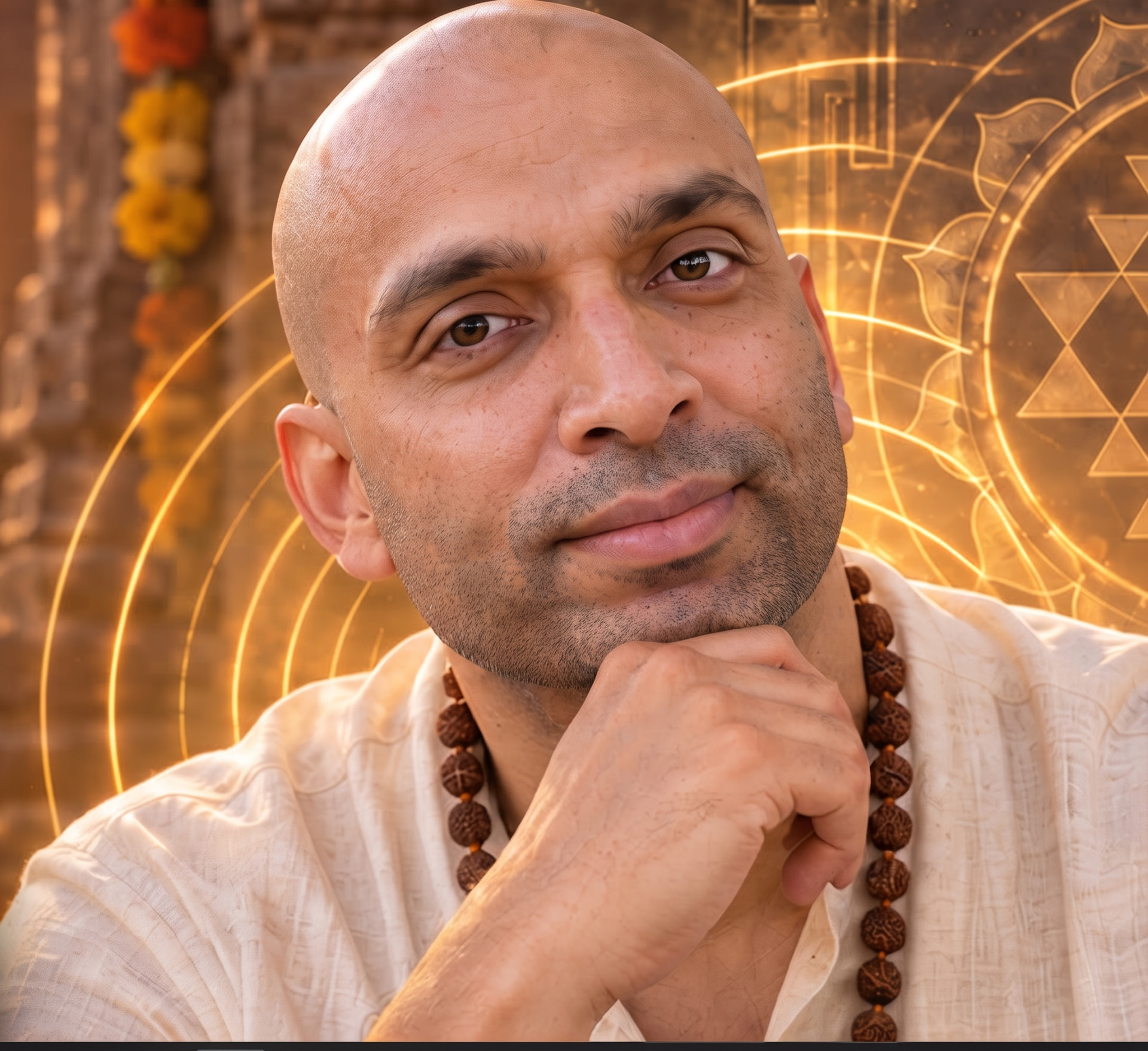 DhyaanGuru Dr. Nipun Aggarwal seated in a sacred temple at sunrise