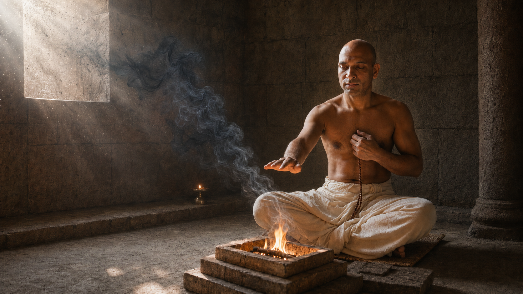 DhyaanGuru seated in a sacred stone chamber, channeling prāṇa through fire and stillness for energy cleansing
