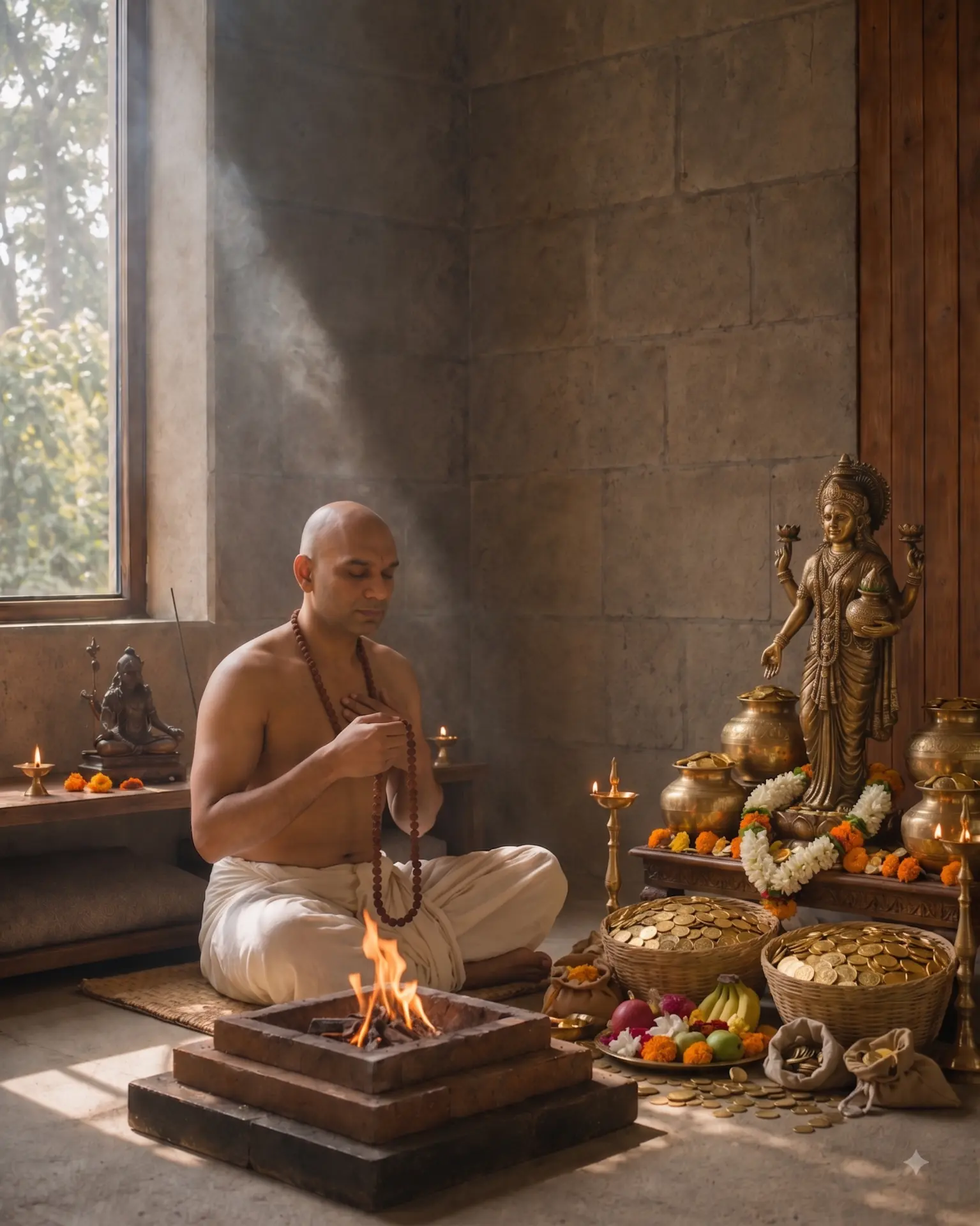 DhyaanGuru seated in prayer before a sacred havan fire with Maa Lakṣmī and offerings of light, flowers, and abundance