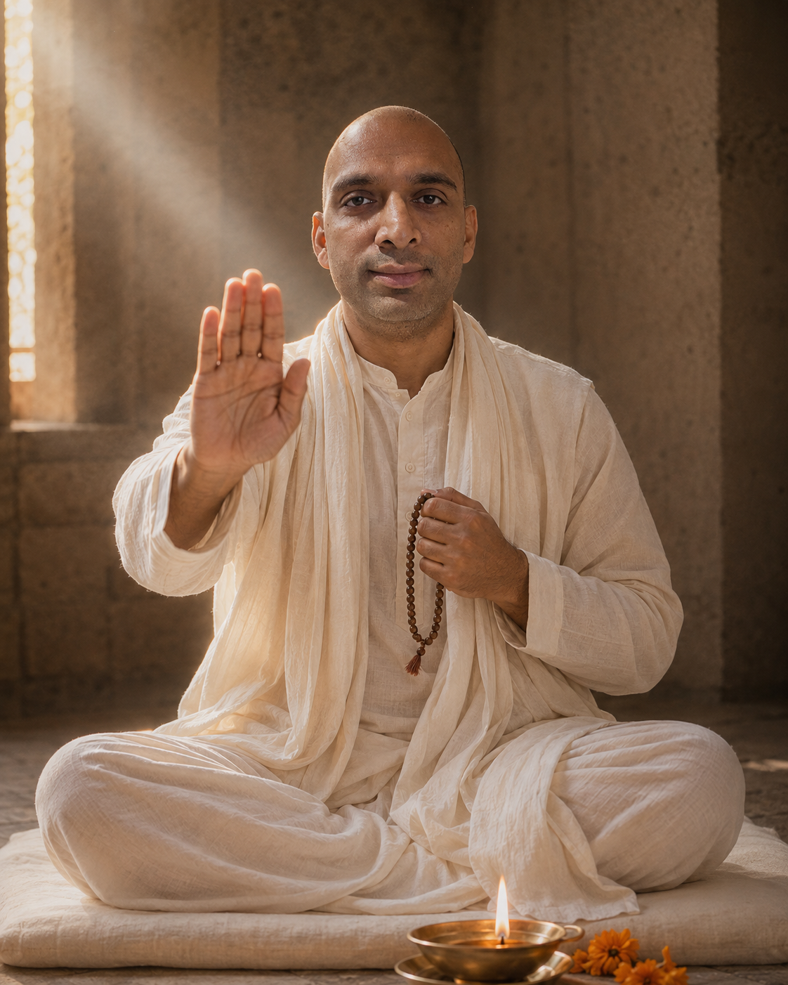DhyaanGuru seated in sacred stillness, raising a blessing hand for Personal Wish Japa