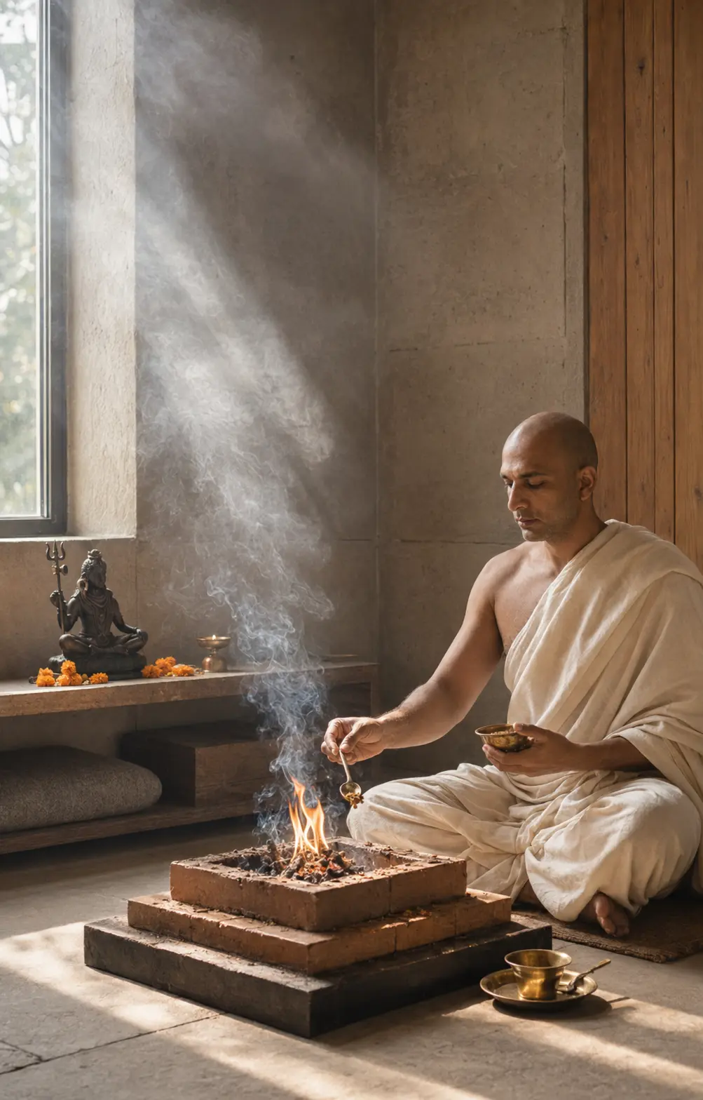 DhyaanGuru seated before a sacred havan fire, preparing a personal sādhana prescription