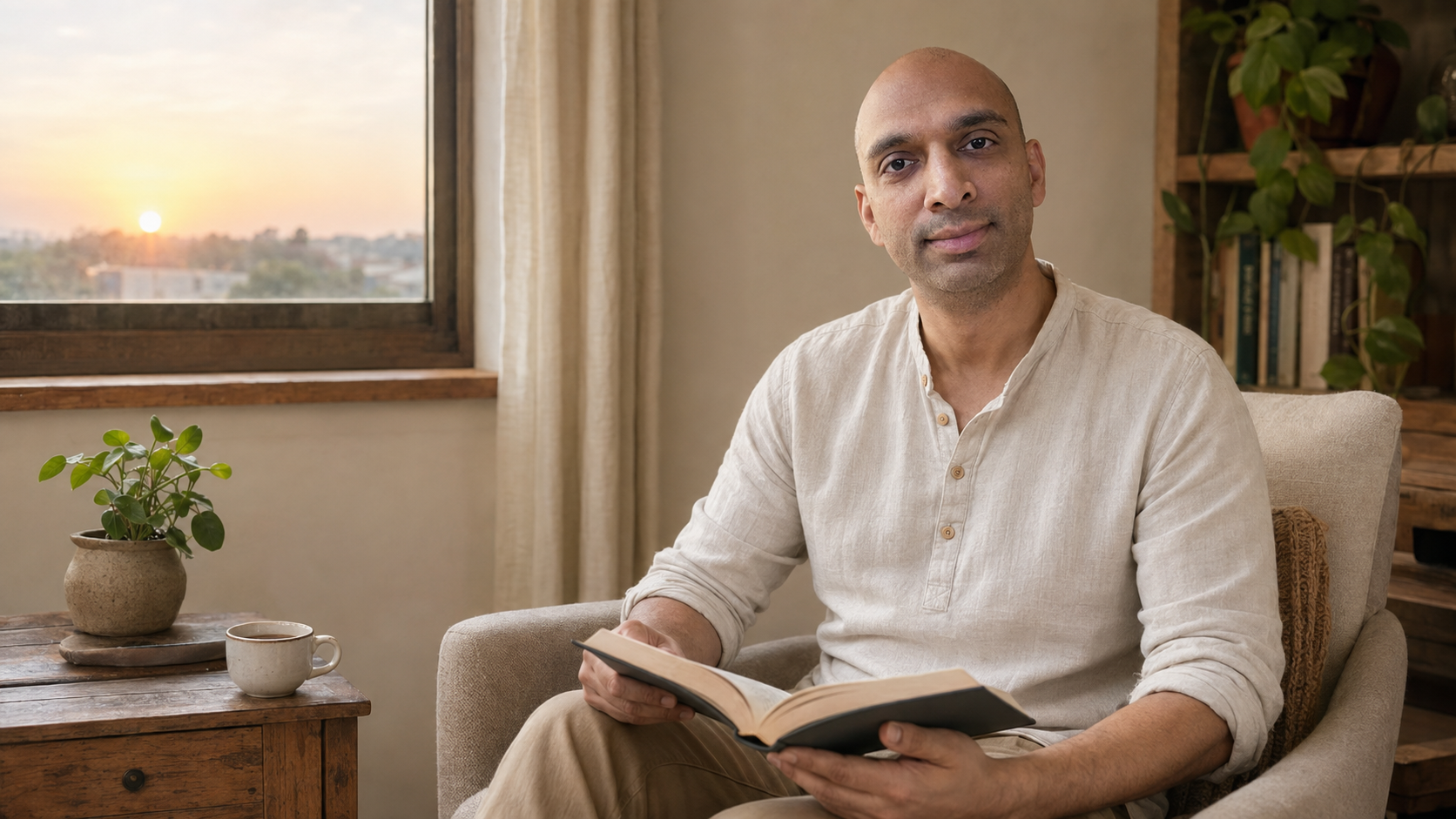 DhyaanGuru seated in quiet reading — a personal invitation to begin within
