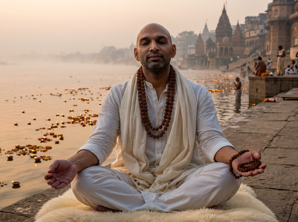 DhyaanGuru meditating at the ghats of Varanasi at dawn