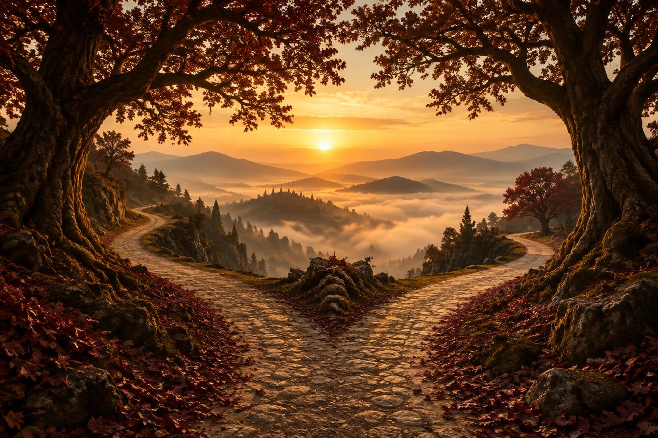 A forked forest path meeting one golden dawn horizon