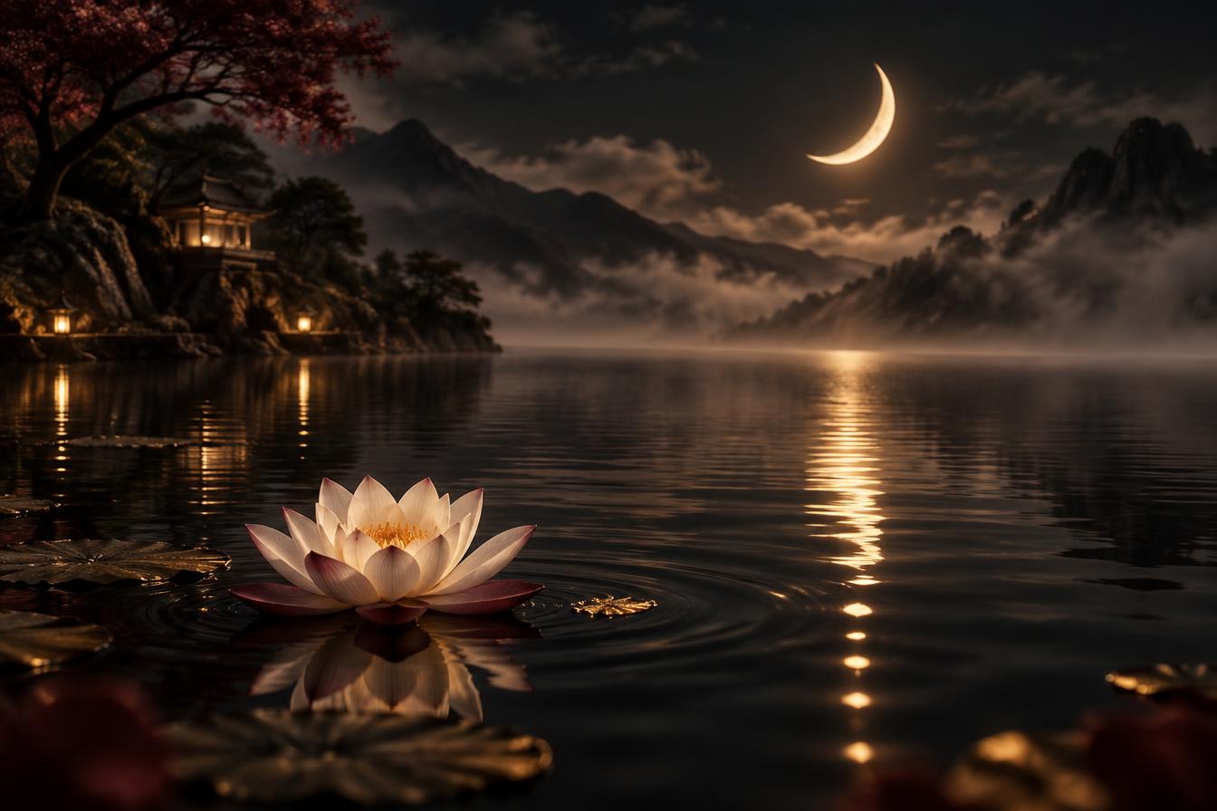 A moonlit lake with a single lotus and crescent moon — the hour in which dreams arrive