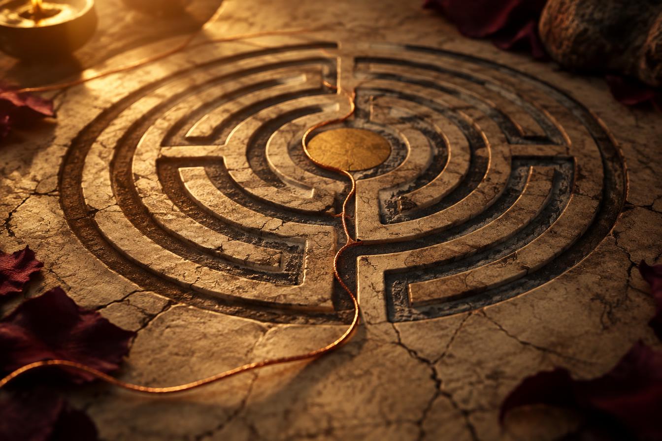 A copper thread winding through an ancient stone labyrinth — a knot loosening