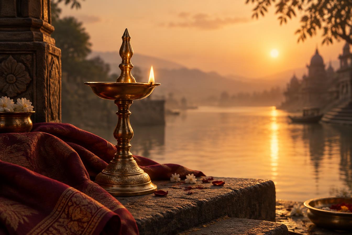 A brass oil lamp glowing at sunrise beside a still river — the hour of resolve